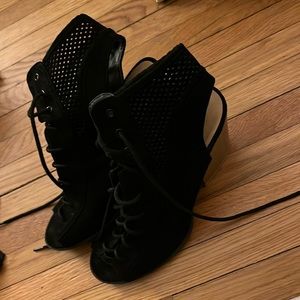 Lace-Up Faux Suede Perforated Platform Heels | 7.5